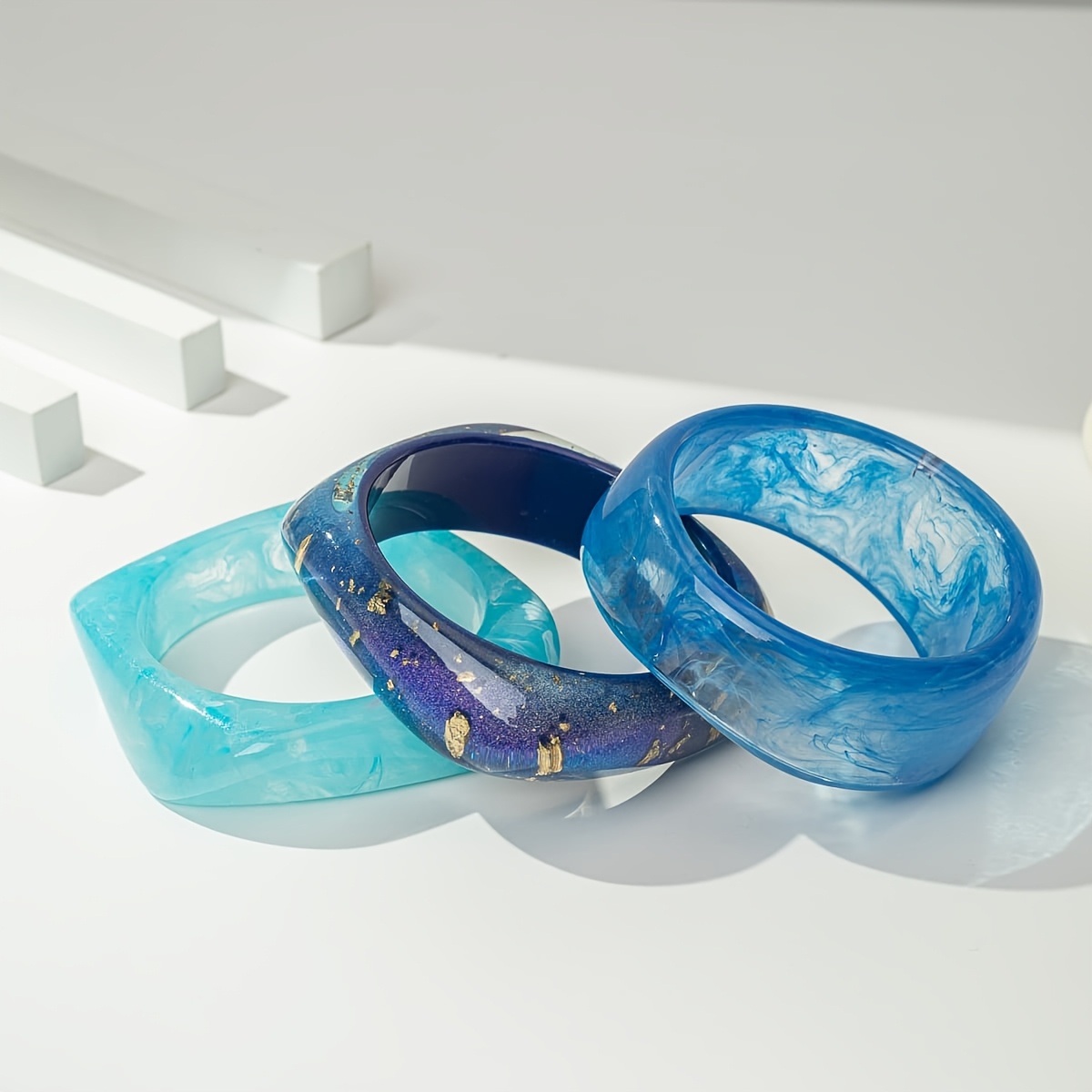 3pcs Geometric Ombre Stackable Blue Bracelet Set, Elegant Design